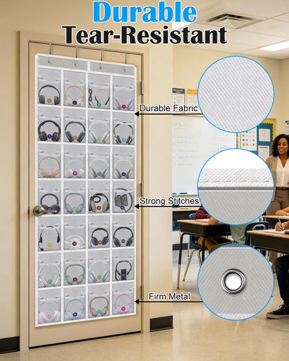 Classroom Headphone Storage Organizer with 28 Large Pockets and 100 Labels | Fabric Durable Classroom Pocket Chart Over The Door Hanging Headphone Holder Bag School Supplies Teacher Essentials, Grey
