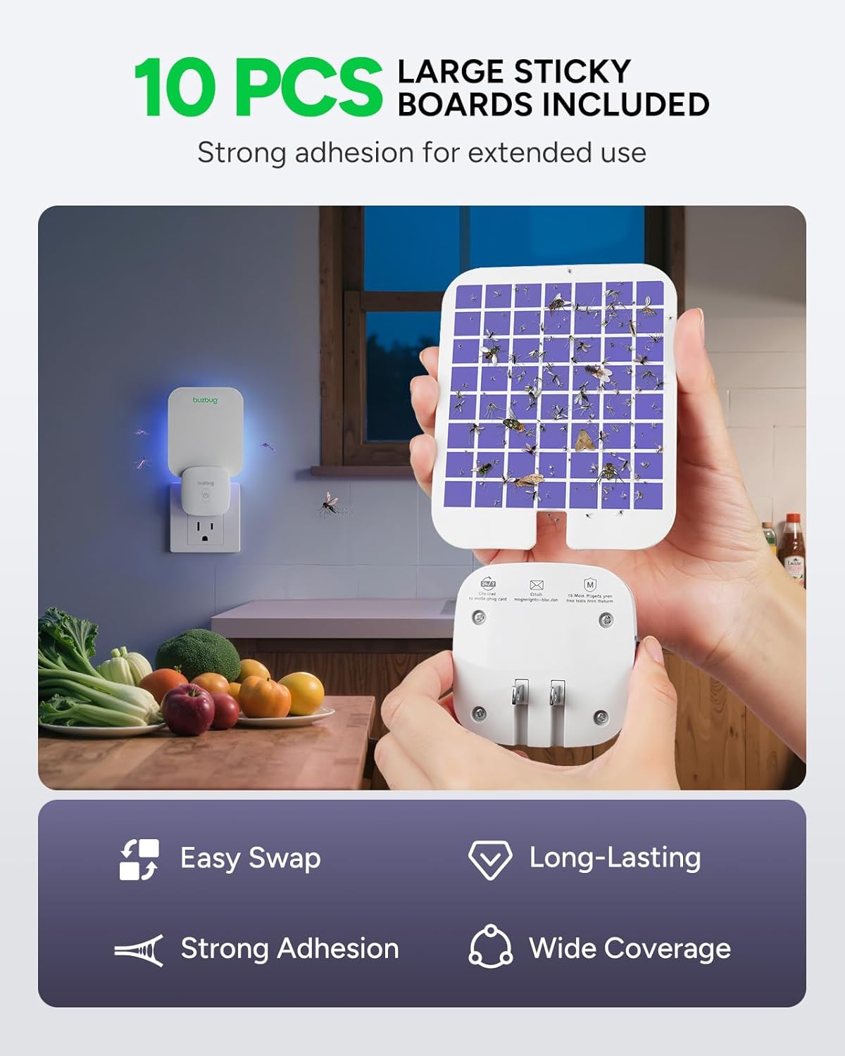 Buzbug Fly Trap Indoor, Plug-in Flying Insect Trap, Fruit Fly Traps for Indoors, Plug in Bug Trap, Gnat Trap for House Indoor, Bug Catcher for Gnat Moth Mosquito, 1 Device + 10 Refills Glue Cards