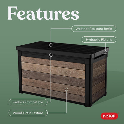 Keter Signature Everwood 30 Gallon Resin Outdoor Storage Box and Patio Furniture Side Table for Pool and Garden Accessories, Walnut
