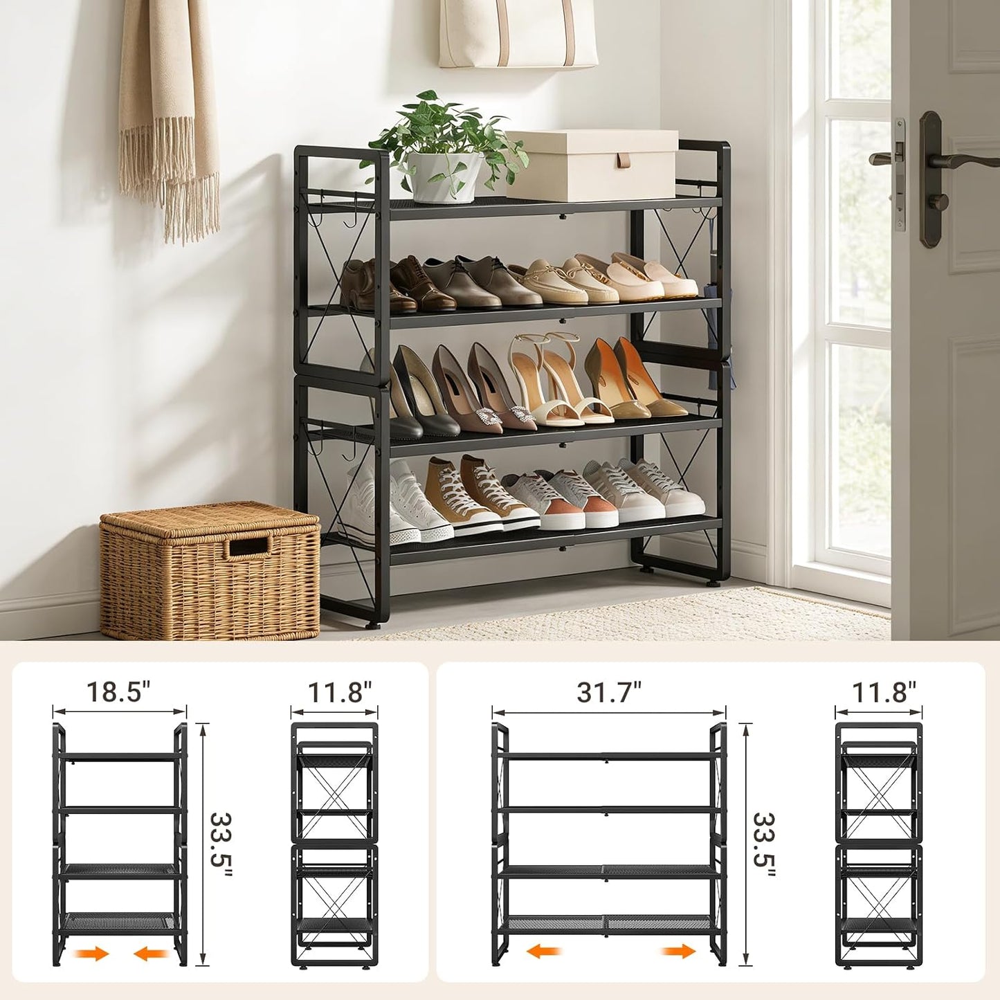 ELYKEN Shoe Rack, 2-Tier Expandable Shoe Organizer for Closet, Metal Black Shoe Shelf with 4 Hooks, Adjustable Shoe Stand Holder for Entryway, Garage, Door Entrance