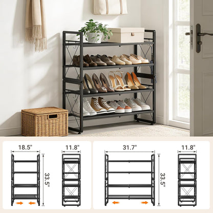 ELYKEN Shoe Rack, 2-Tier Expandable Shoe Organizer for Closet, Metal Black Shoe Shelf with 4 Hooks, Adjustable Shoe Stand Holder for Entryway, Garage, Door Entrance