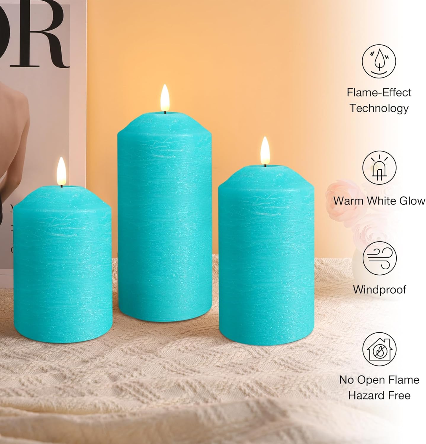 Eywamage White Flameless Pillar Candles with Remote, Flickering LED Candles Battery Powered Real Wax Set of 3