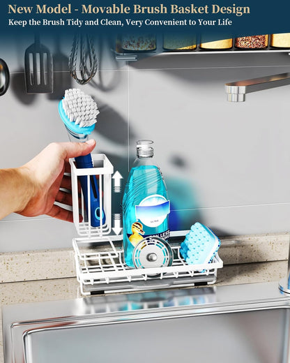 Consumest Sponge Holder for Kitchen Sink - Kitchen Sink Caddy Organizer with Removable Drip Tray for Countertop Dish Soap Dispenser Brush Storage Accessories 304 Stainless Steel - Black
