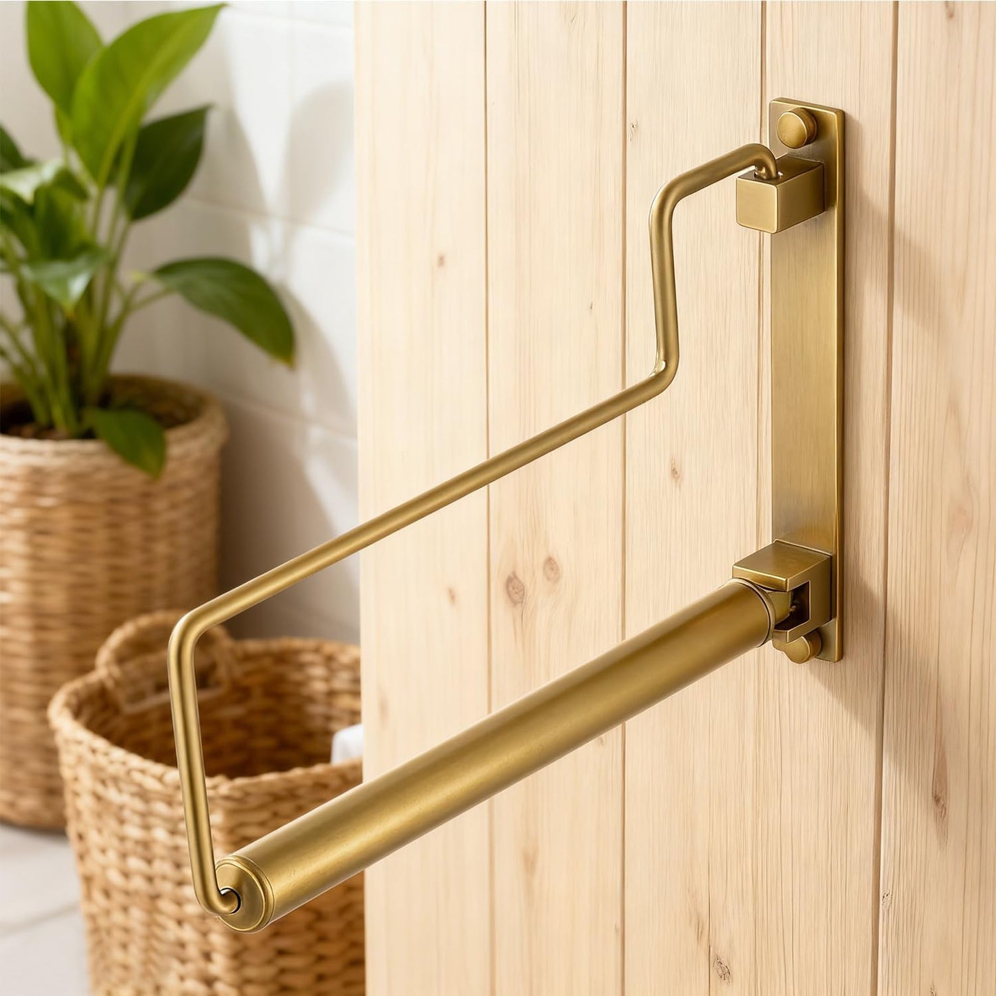 NEWRAIN Folding Wall Mounted Clothes Hanger Rack Clothes Hook Solid Brass with Swing Arm Holder Clothing Hanging System Closet Storage Organizer Heavy Duty Drying Rack Wall Mount,Brushed Gold
