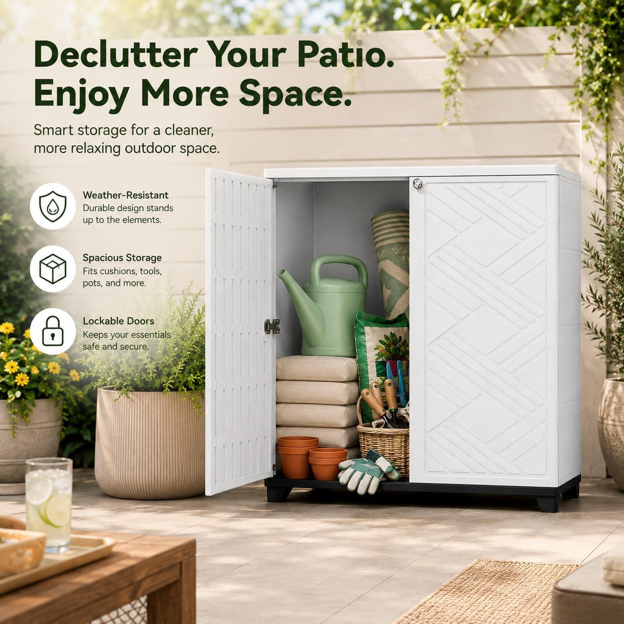ADDOK Outdoor Storage Cabinet,60 Gallon Waterproof Resin Patio Storage Cabinet with 1 Adjustable Metal Shelf, Upright Outdoor Cabinet for Garden Tools, Pool Supplies, Toys, Porch and Garage
