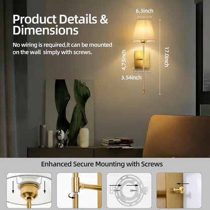 Rechargeable Battery Operated Wall Sconces Set of 2, Black Wireless Fabric Shade Wall Sconce with Remote Control, Dimmable RGB Color Changing Wall Lamp for Bedroom Living Room Hallway, 20.47" Tall