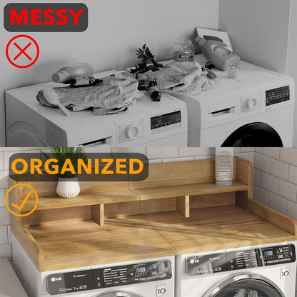 54" 2 Tier Washer Dryer Countertop with Storage Shelf, Waterproof MDF Laundry Room Organizer, Folding Station, Mechanically Joined Two-Panel Countertop (Walnut Brown)