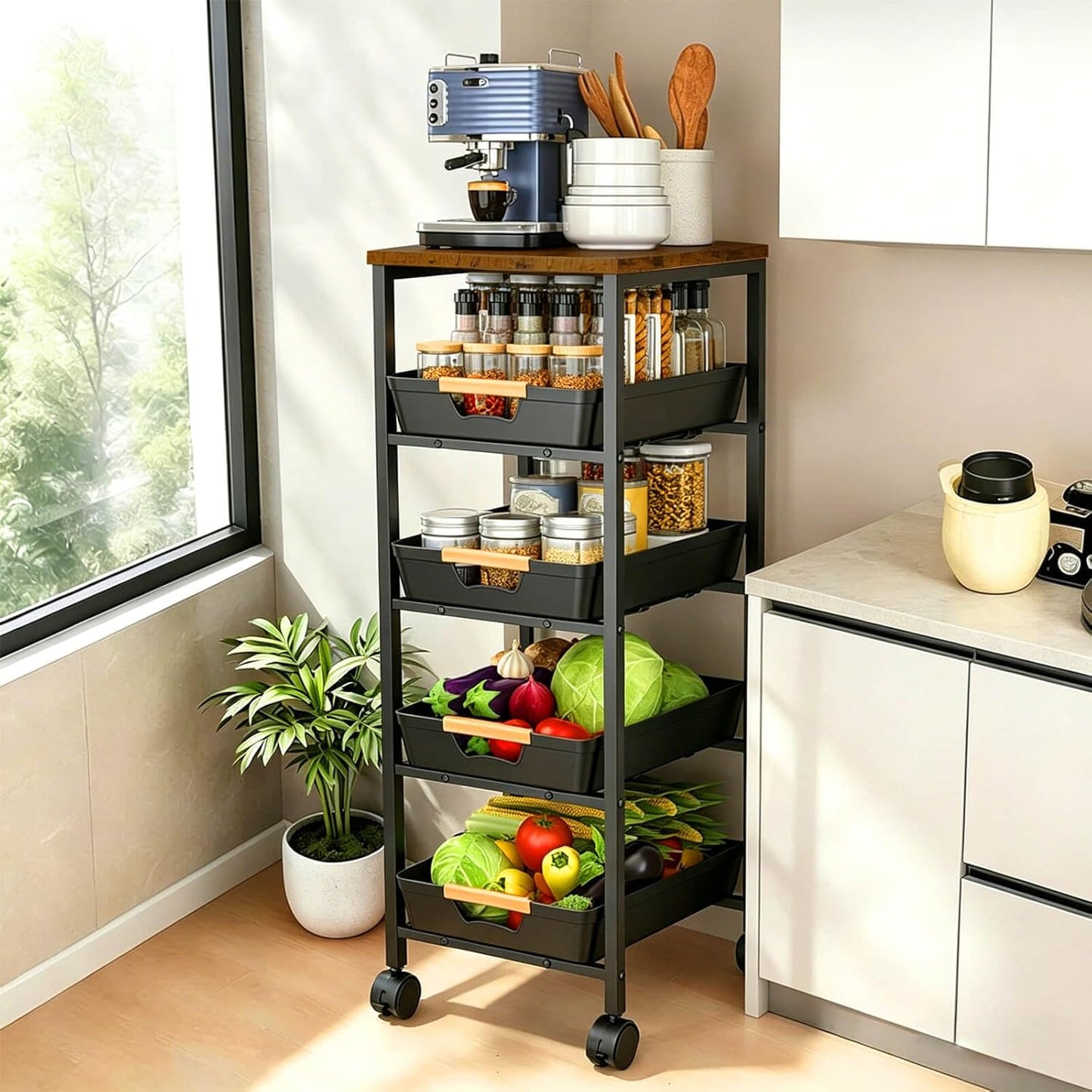 Slim Storage Cart with Wheels Pull-Out 5-Tier Rolling Storage Cart | narrow black 8.07in Wide, Mesh Baskets with Raised Edge, Wood-Grain Top, 360° Lockable Casters, Easy Assembly