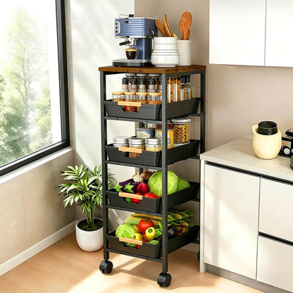 Slim Storage Cart with Wheels Pull-Out 5-Tier Rolling Storage Cart | narrow black 8.07in Wide, Mesh Baskets with Raised Edge, Wood-Grain Top, 360° Lockable Casters, Easy Assembly
