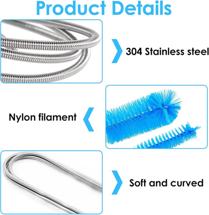2 Pcs Flexible Drain Pipe Cleaning Brush, 36" Extra Long Double Ended Nylon Bristles and Stainless Steel Tube Cleaners, 2 Brush Head Sizes for Kitchen Sink, Pipe and Hose Cleaning (Black+Blue)
