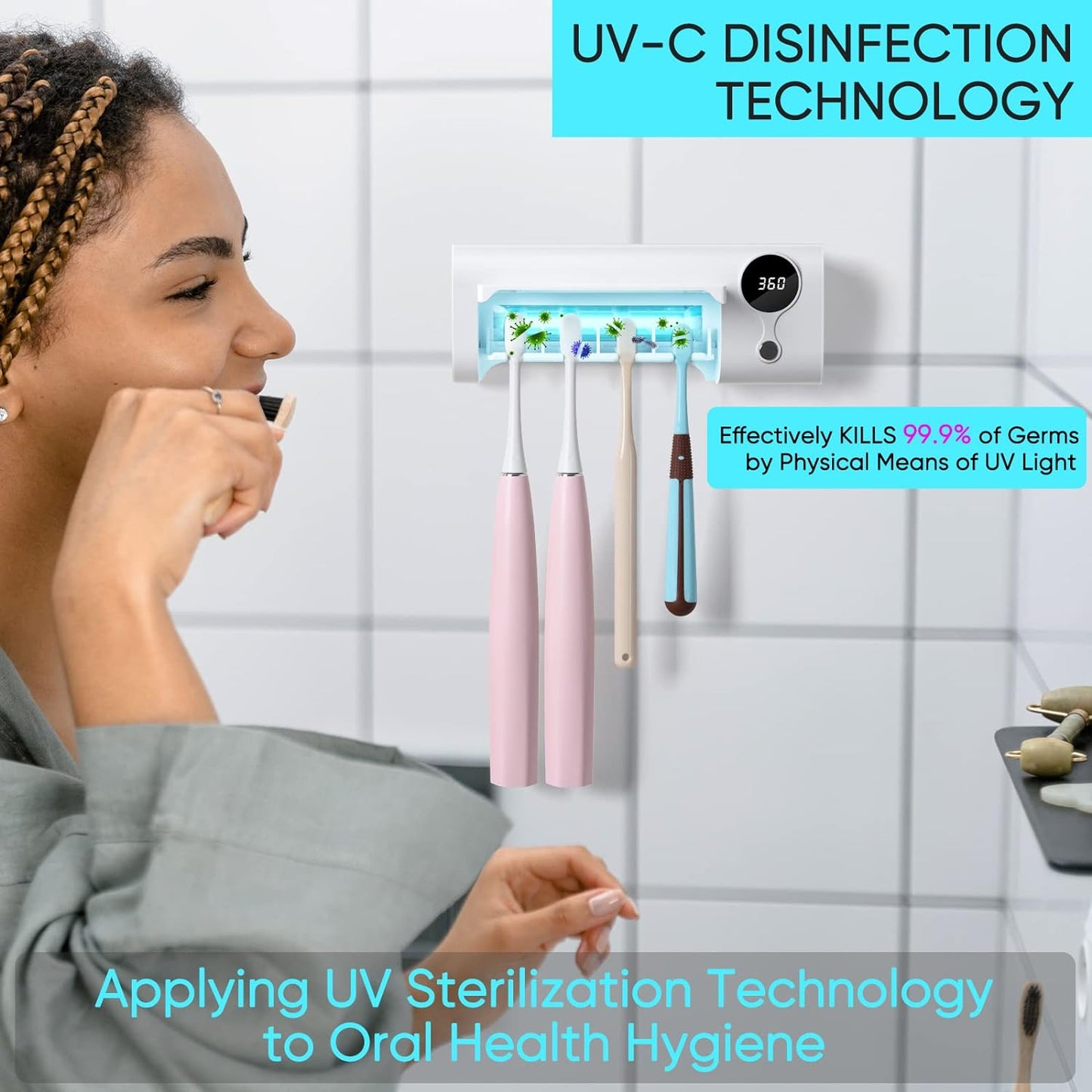 StarWin UV Toothbrush Holder for Bathroom, Timer Function, Rechargeable & Cordless Tooth Brush Cleaner Wall-Mounted, No Drilling, 4 Slots