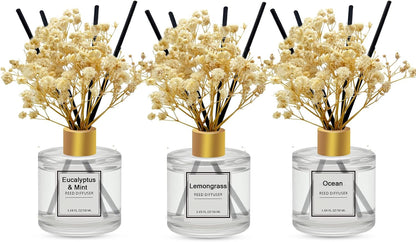 Reed Diffuser Set of 3 Pack,Clean Linen,Eucalyptus & Mint,Ocean Scented Oil Diffuser with 4 Sticks,Reed Diffusers for Home,Living Room,Bathroom Air Freshener Diffuser,50ml x 3