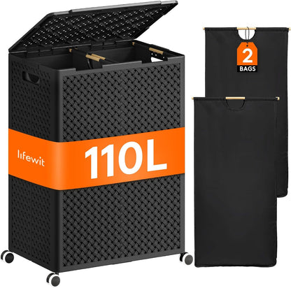 Lifewit 110L Plastic Double Laundry Basket with Lid, Collapsible 2 Section Clothes Hamper with Wheels and Removable Bags, Large Rolling 2 Compartment Bin for Laundry Room Bedroom Bathroom, Black