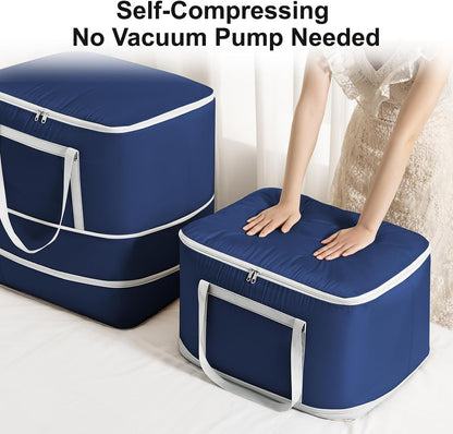 Comforter Storage Bag - 130L Large Capacity Blanket Storage Bags 4-Layer Ultra Space Saving Self Compression Organizer, Washable Compression Bags for Storage Comforter Blanket, 2-Pack, Beige