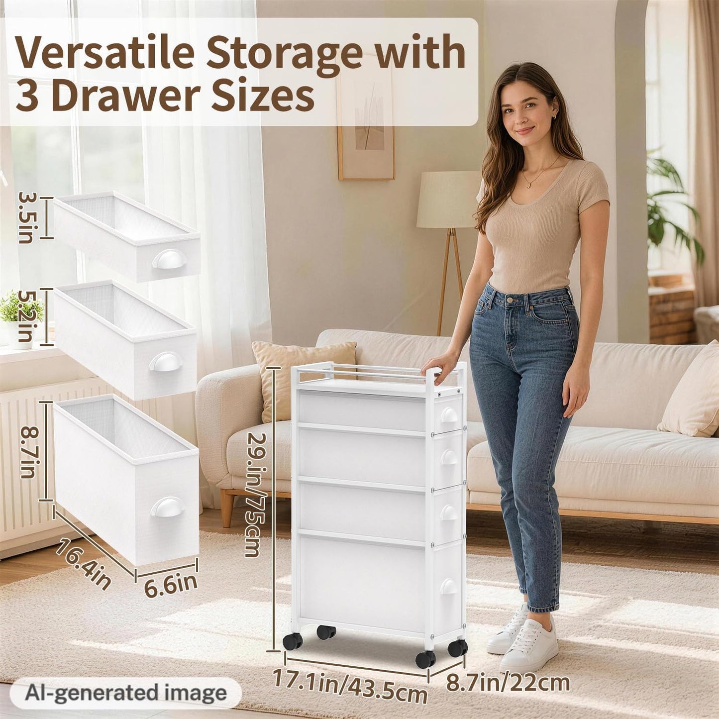 LASZOLA 5 Drawer Narrow Dresser Slim Cabinet Skinny Storage Tower Chest, Ideal for Small Spaces Bathroom, Between Washer and Dryer, Lightweight Mobile on Wheels, Sturdy Fabric Drawers, Black