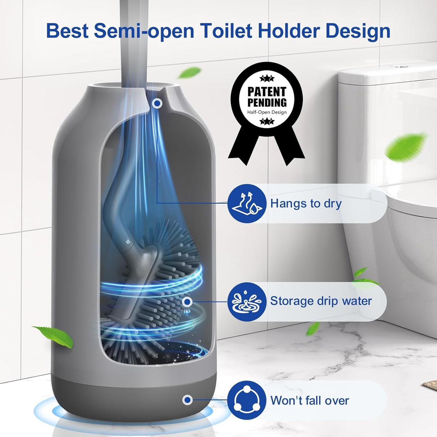 HAMITOR Toilet Bowl Brush Holder Set: Deep Cleaning Silicone Toilet Cleaner Scrubber Under Rim with Curved Bristle for Bathroom Dead Corner Clean - Modern Rv Toilet Decorative Accessories - White