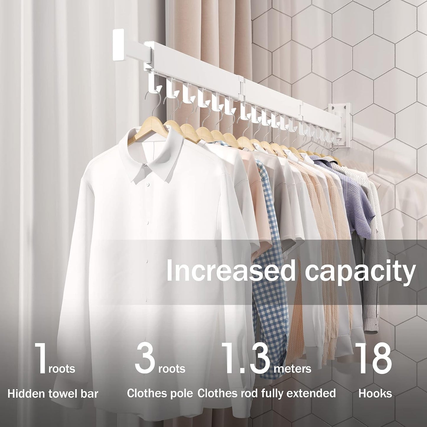 LIENAHU Wall Mounted Clothes Drying Rack, Collapsible, Folding, Retractable - Clothes Hanging Rack (Hooks, White)