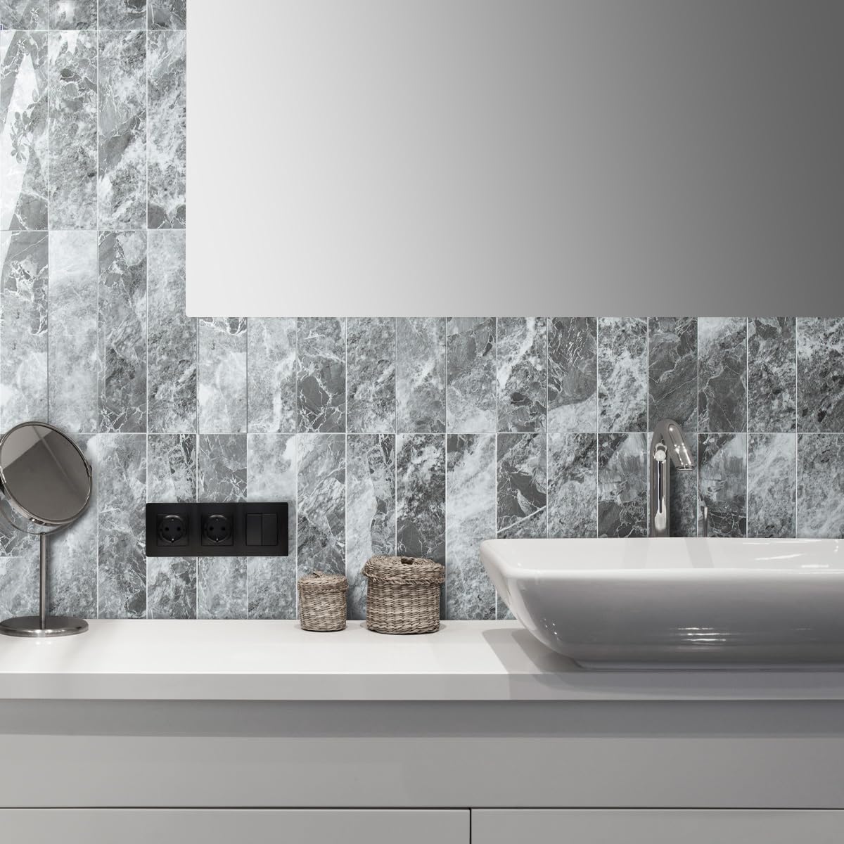 AULIGET 40-Piece Polished White Marble with Gold Peel and Stick Backsplash Wall Tiles, 3" x 12" PVC Faux Stone Stick on Tiles for Backsplash Kitchen, Bathroom, Laundry Room, Camper, Fireplace