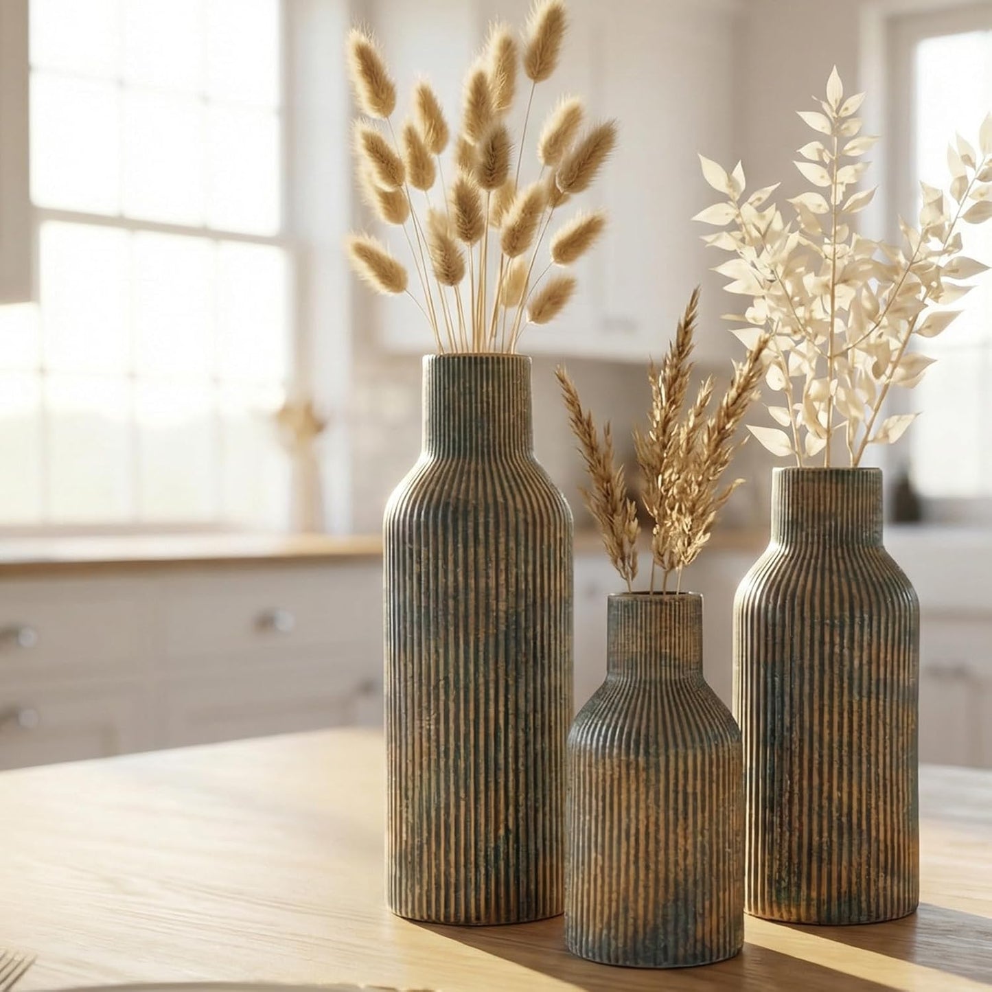 White Ceramic Flower Vases Set of 3, Modern Matte Vertical Ribbed, Nordic Minimalist Decor for Pampas, Dried & Fresh Flowers, Centerpiece for Living Room, Shelf, Entryway, Wedding,Office