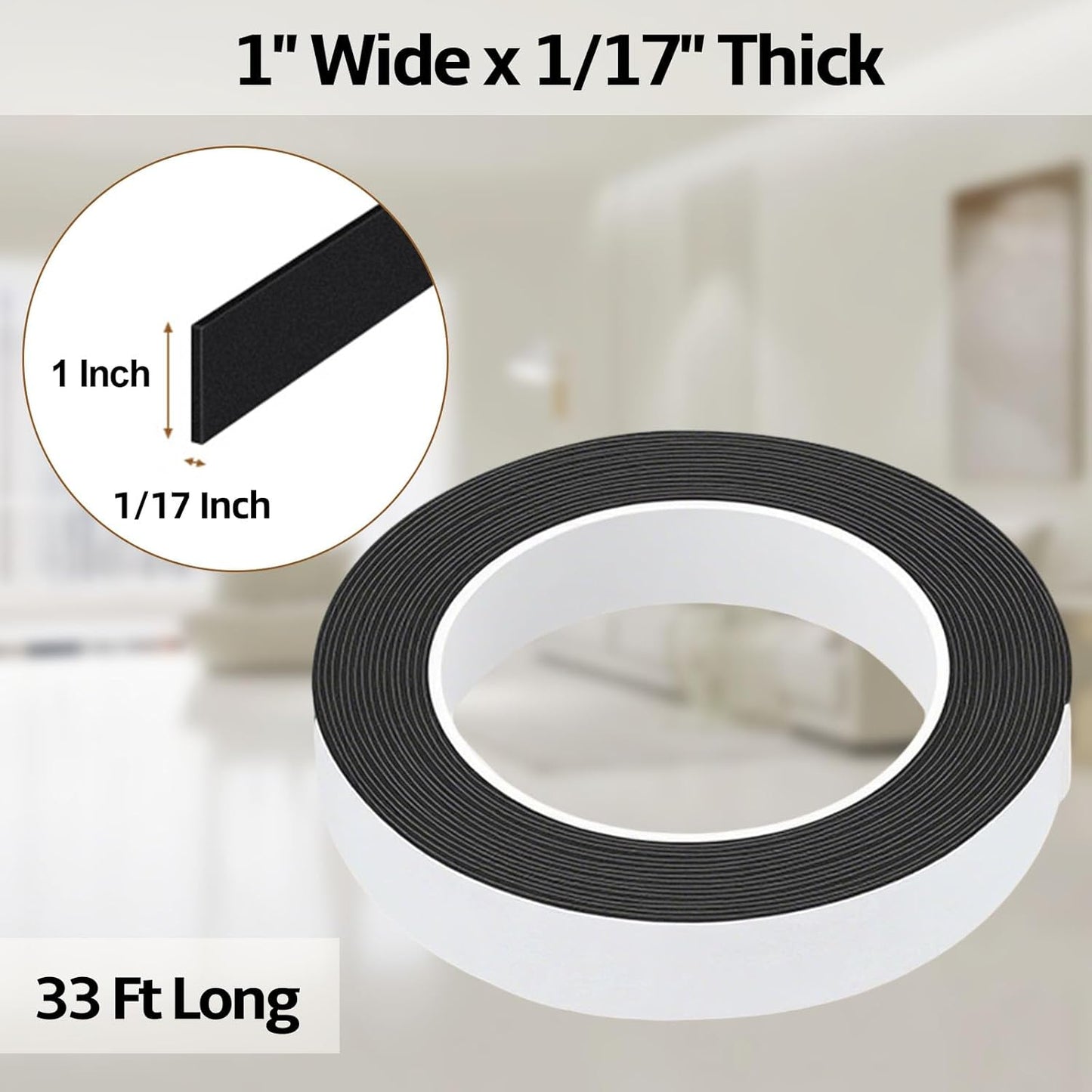 Foam Weather Stripping Door Seal,1 Inch W x 1/17 Inch T x 33 Feet White Window Sealing Tape，Single-Sided Self-Adhesive Insulation Sealing Strip