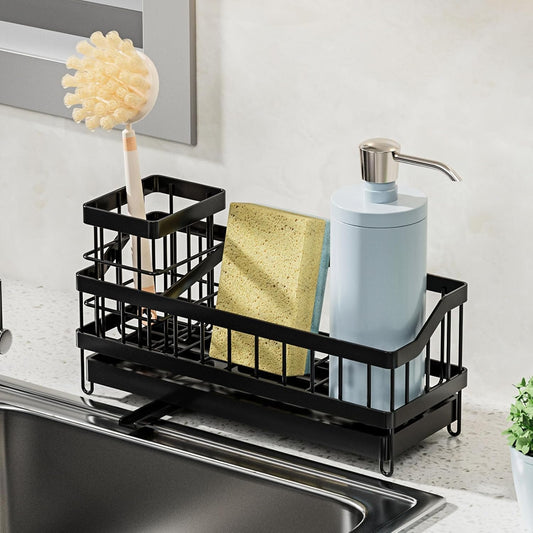 Sponge Holder for Kitchen Sink, Sink Caddy with Brush Holder, Soap Dispenser for Kitchen Organizers, Rustproof and Non-Slip, Suspension or Floor-Standing, Matte Black