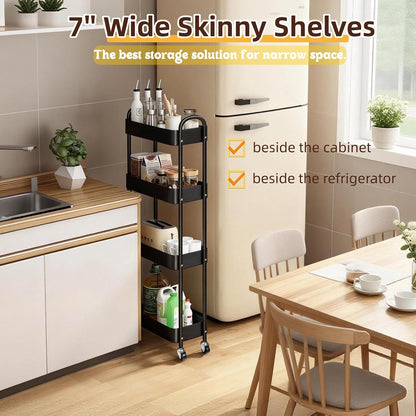 3 Tier Slim Metal Rolling Storage Cart for Laundry Room & Kitchen Organizer, 7.1'' Thin Standing Shelf for Narrow Spaces, Utility Cart with Wheels & Lockable Casters for Bathroom, Black
