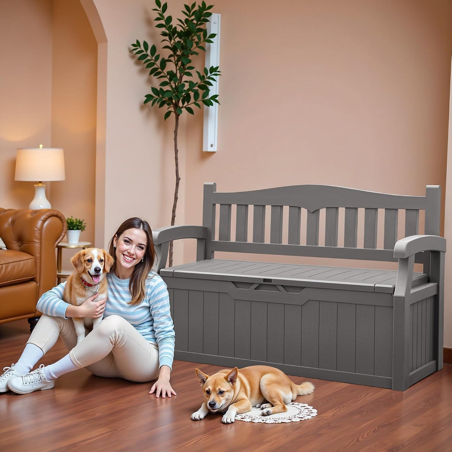 JUMMICO 80 Gallon Resin Outdoor Storage Bench, Large Deck Box with Armrest, Lockable&Waterproof for Garden, Home, Patio, Pools (Black, 80 Gallon)
