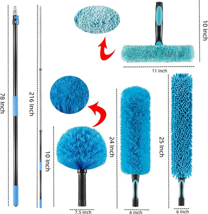20 Foot High Ceiling Fan Duster with 5-12ft Extension Pole, Extendable Reusable Cobweb, Feather, Window Cleaning Squeegee Kit