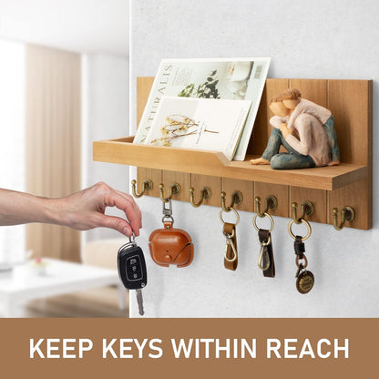 Rebee Vision Decorative Key Holder Wall Mount - Rustic Key Holder for Wall with Shelf and Mail Organizer for Living Room Decor - Home Essentials for Home Improvement (Brown, 3.54" x 10" x 7.28")
