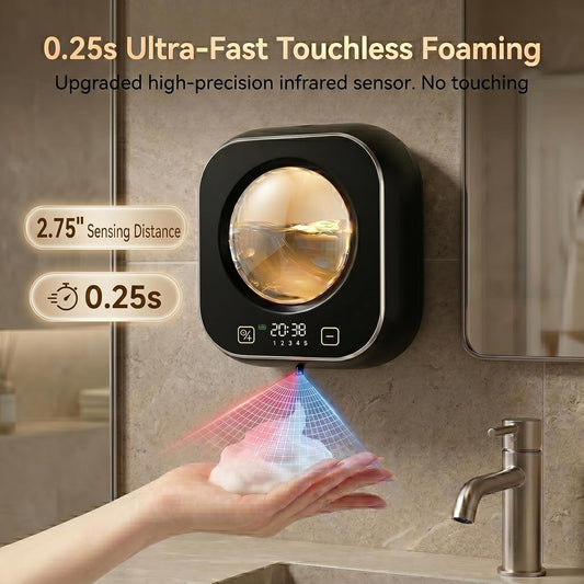 Automatic Foam Soap Dispenser Bathroom,Wall Mounted Touchless Foaming Soap Dispenser Rechargeable with Smart LCD Display & 5-Level Adjustable Foam,Electric Dispenser for Kitchen Office (White)