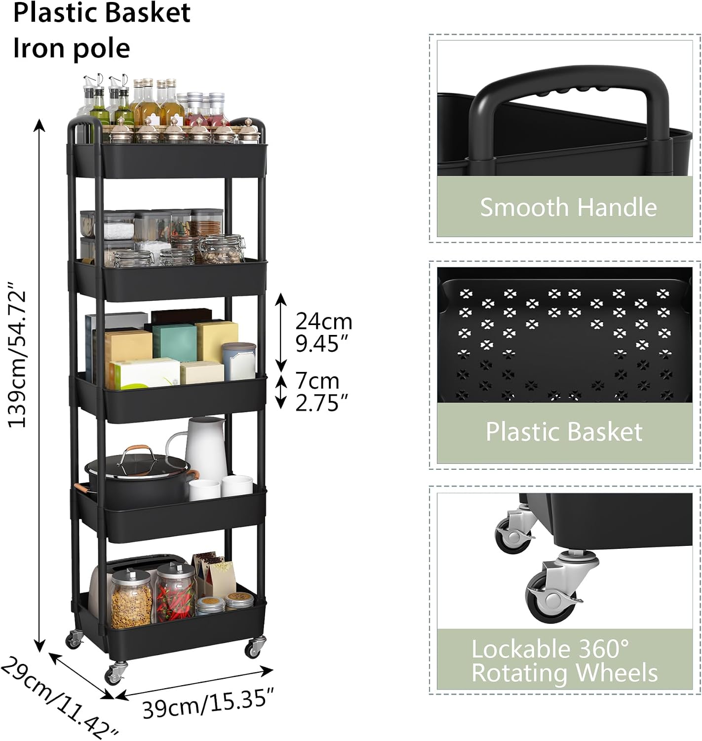 Sywhitta 4-Tier Plastic Rolling Utility Cart with Handle, Multi-Functional Storage Trolley for Office, Living Room, Kitchen, Movable Storage Organizer with Wheels, Black