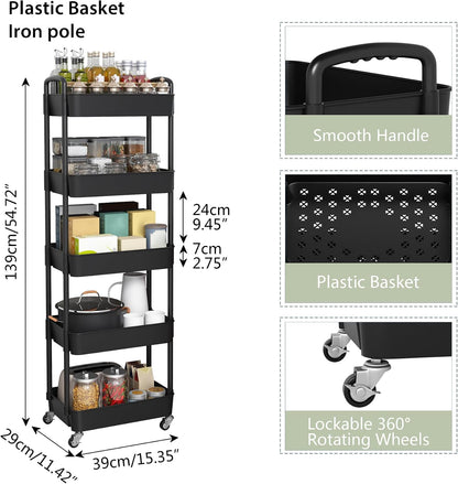 Sywhitta 4-Tier Plastic Rolling Utility Cart with Handle, Multi-Functional Storage Trolley for Office, Living Room, Kitchen, Movable Storage Organizer with Wheels, Black