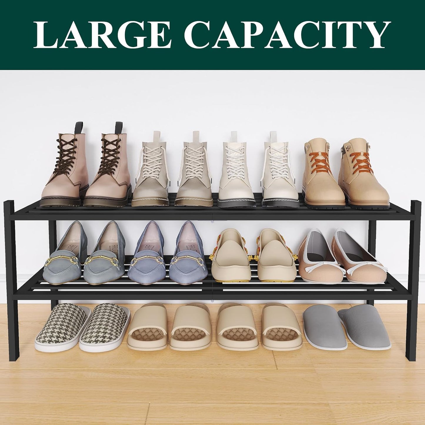 Smiry Bamboo Shoe Rack, 3 Tier Free Standing Wooden Shoe Organizer, Stackable Wood Shoe Storage Shelf for Closet, Entryway, 5 Horizontal Slats, 26.8"x11"x18.3", Natural