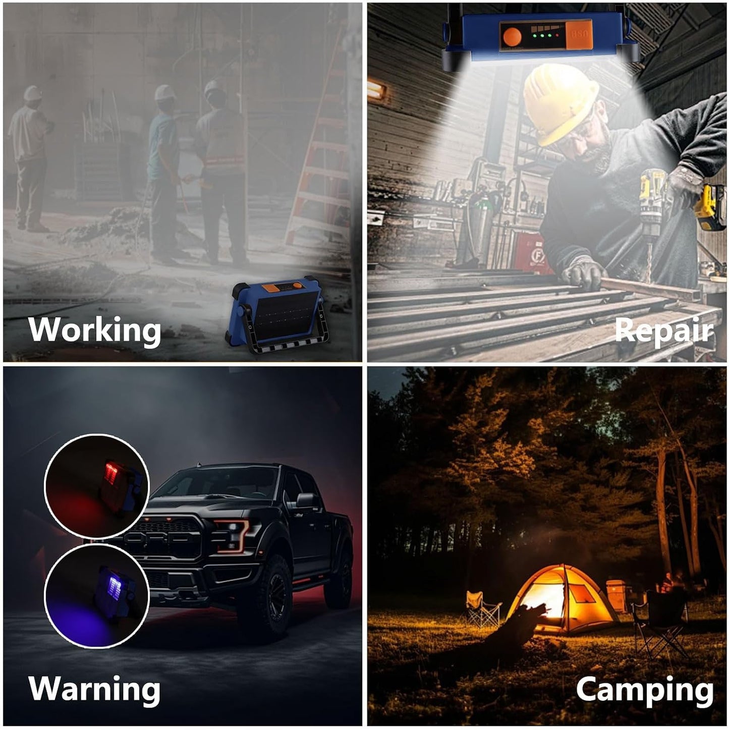 120W Solar Rechargeable Work Light, 144 LED 10000LM Portable Flood Light with Stand, IP66 Waterproof 4 Modes LED Job Site Lighting Flashlights for Mechanic Camping Fishing Car Repair