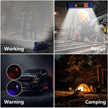 120W Solar Rechargeable Work Light, 144 LED 10000LM Portable Flood Light with Stand, IP66 Waterproof 4 Modes LED Job Site Lighting Flashlights for Mechanic Camping Fishing Car Repair