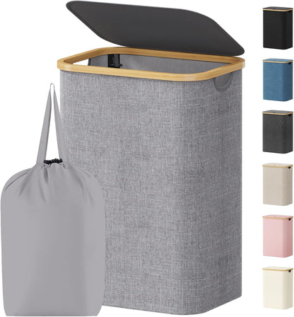 Lifewit 120L Laundry Basket with Lid, Clothes Hampers for Laundry with Bamboo Handles and 2 Removable Bag, Large Foldable Laundry Hamper for Bedroom, Bathroom, Dorm, Laundry Room, Beige