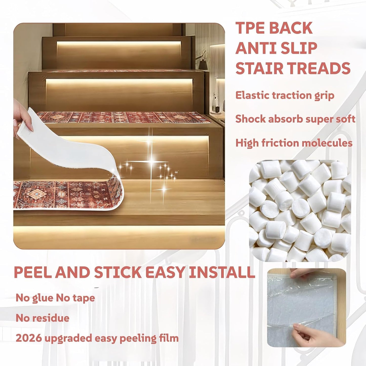 Stair Treads for Wooden Steps, Non Slip Stair Treads Carpet Indoor Residue Free Peel and Stick Washable Stair Covers, Safe for Dogs Kids Elders, Moroccan Beige, 8x30 inch, 1 Pack