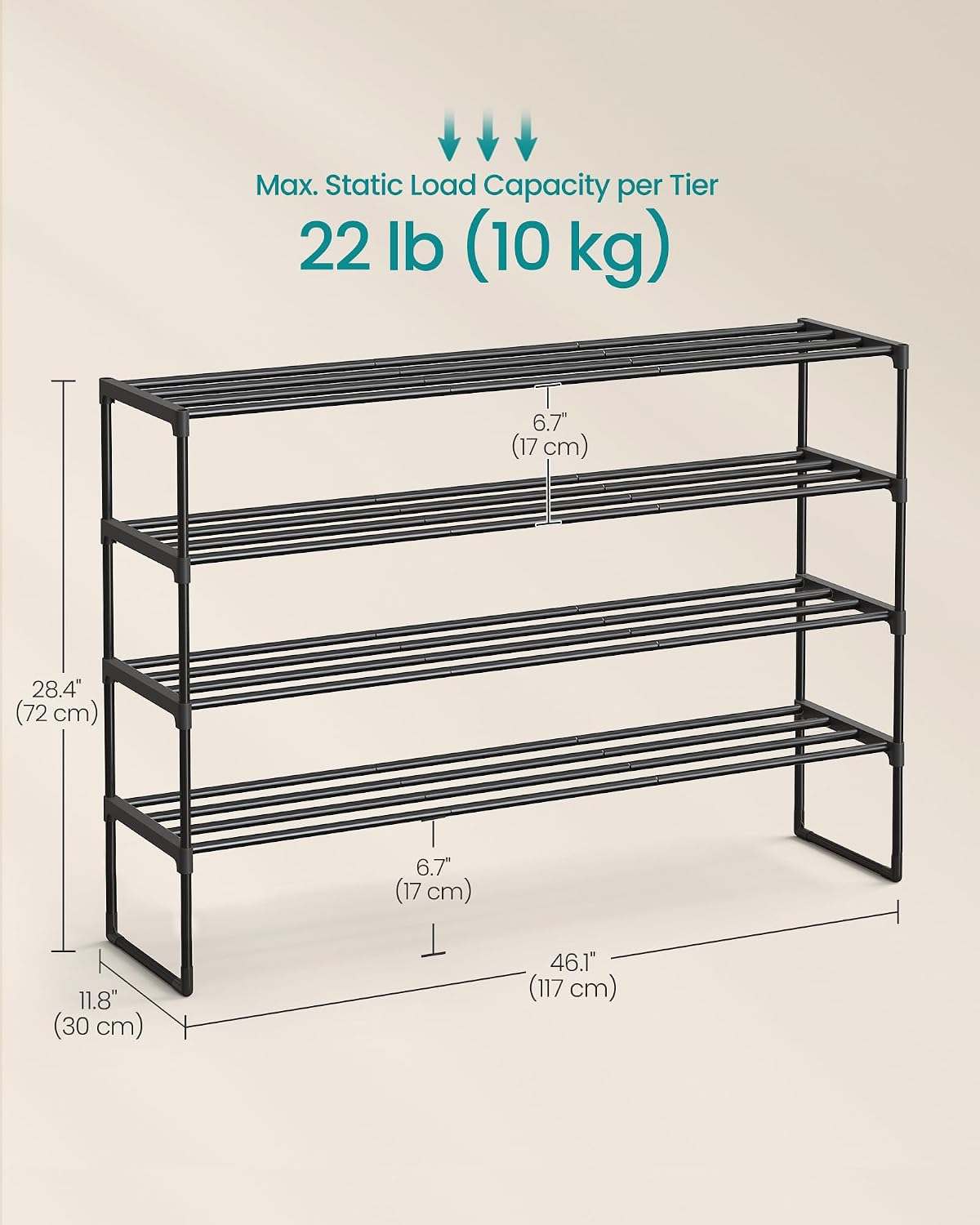 SONGMICS Shoe Rack, 6-Tier Shoe Organizer, Metal Storage Shelf, Upright or Upside Down, for 24-30 Pairs, Stackable, for Entryway, 11.8 x 36.2 x 42.7 Inches, Black ULSA306BH01