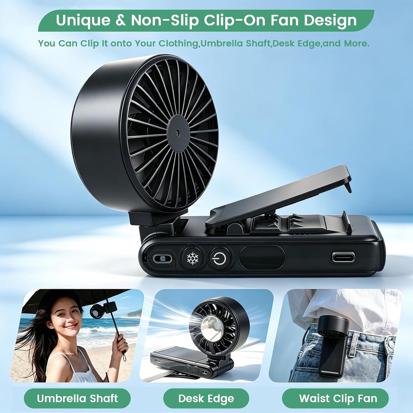 4-IN-1 Clip-On Portable Fan Rechargeable Handheld Mini Fan with lce Cooler,5 Gear High Speed 360° Rotatable Small Fans, for Outdoor, Travel, Beach, and Office (Green)