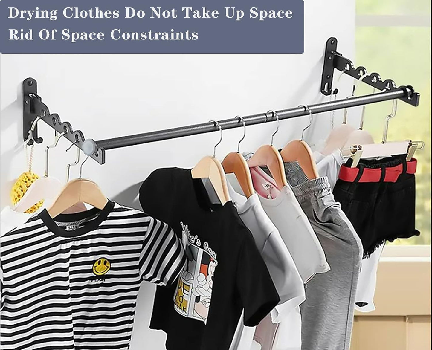 Clothes Drying Rack Wall Mounted Drying Racks for Laundry Room Organization and Storage Clothes Rack，Aluminum Dryer Rack with Two Drying Rods for Hanging Wet and Dry Clothes