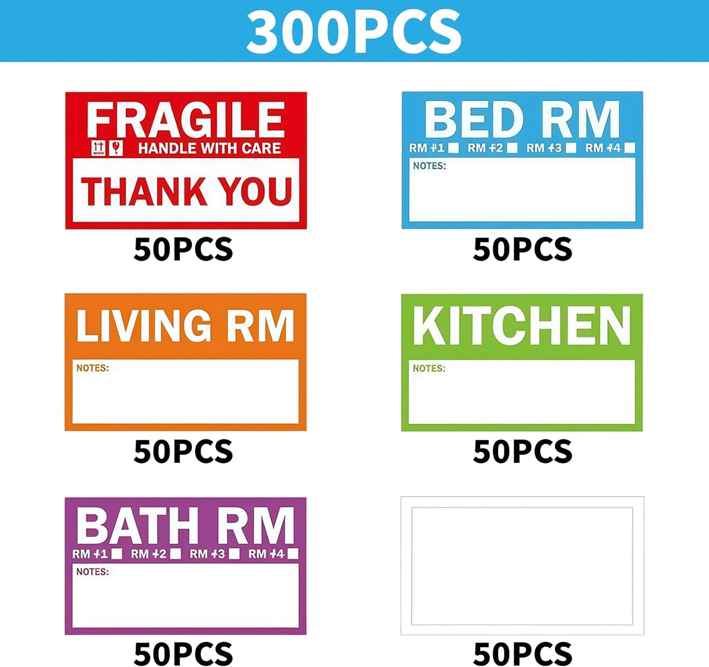 300PCS Home Moving Labels-3.6 x 2 inches,5 Color Coded Packing Box Stickers with 50 Fragile Stickers & 50 Blank Labels for Home Organization Moving Supplies Storage Bins