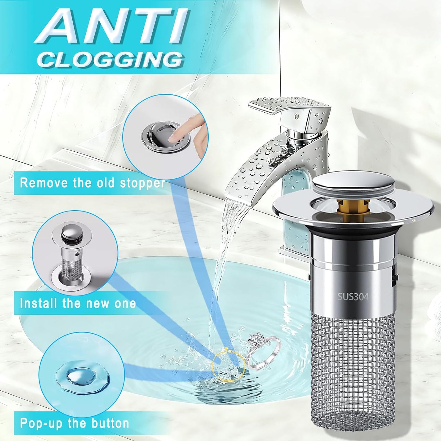 Bathroom Sink Stopper 2Pcs,Sink Drain Strainer,Hair Catcher with Removable Stainless Steel Filter Basket,Universal Sink Plug,Suitable for Most Sinks,Washbasin,Bathtubs
