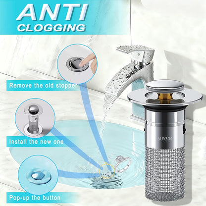Bathroom Sink Stopper 2Pcs,Sink Drain Strainer,Hair Catcher with Removable Stainless Steel Filter Basket,Universal Sink Plug,Suitable for Most Sinks,Washbasin,Bathtubs