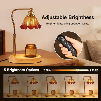 Candle Warmer Lamp with Timer, Dimmer, Vintage Glass Shade | Adjustable height, 2/4/8-hour timer, wood base, 2 bulbs included