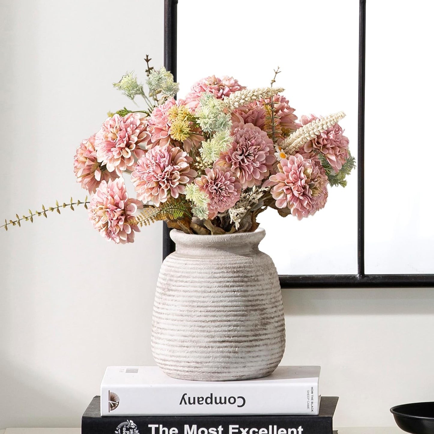 Ceramic Flower Vase, Small Rustic Farmhouse Vases Home Decor, Short Pottery Decorative Pampas Vase for Table Living Room Entryway Mantel Bookshelf Bedroom Bathroom Kitchen - 6" W