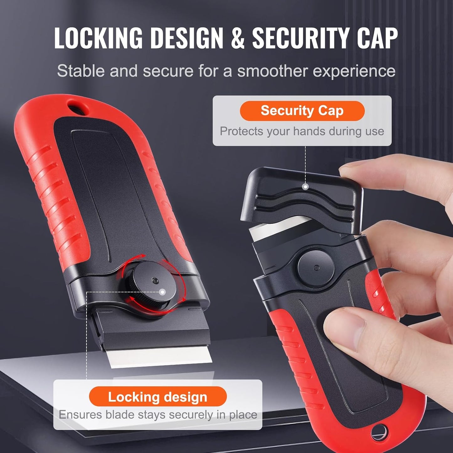 Happybuy Razor Blade Scraper, 15 Extra Blades, Locking Scraper Tool with Security Cap, Carbon Steel and POM Blades, for Cleaning Labels, Stickers, Decals, Paint from Glass Window Stovetop Cooktop Oven