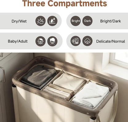 StorageWorks 3 Section Laundry Hamper, Rolling Laundry Cart with Wheels and Handles, Laundry Room Double Sorter for Organizer and Storage, 31.7 Gal(120L), Beige