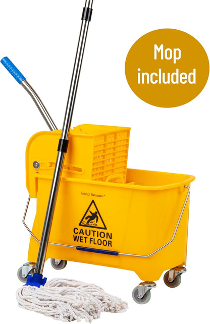 Mind Reader Mop Bucket with Wringer (Mop Not Included), 5.5 Gallon Cleaning Bucket with Wheels and Handle, Upward Press Wringer, Small Mop Compatible, Yellow