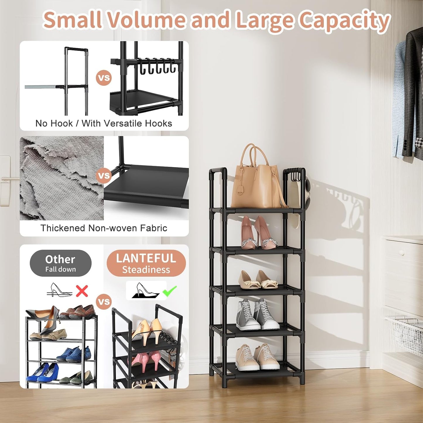 LANTEFUL Tall Narrow Shoe Rack for Entryway, 10-Tier Sturdy Metal Shoe Shelf Storage 10-15 Pairs of Shoes and Boots, Space Saving Corner Shoe Rack Organizer for Closet,Doorway,Garage,Living Room
