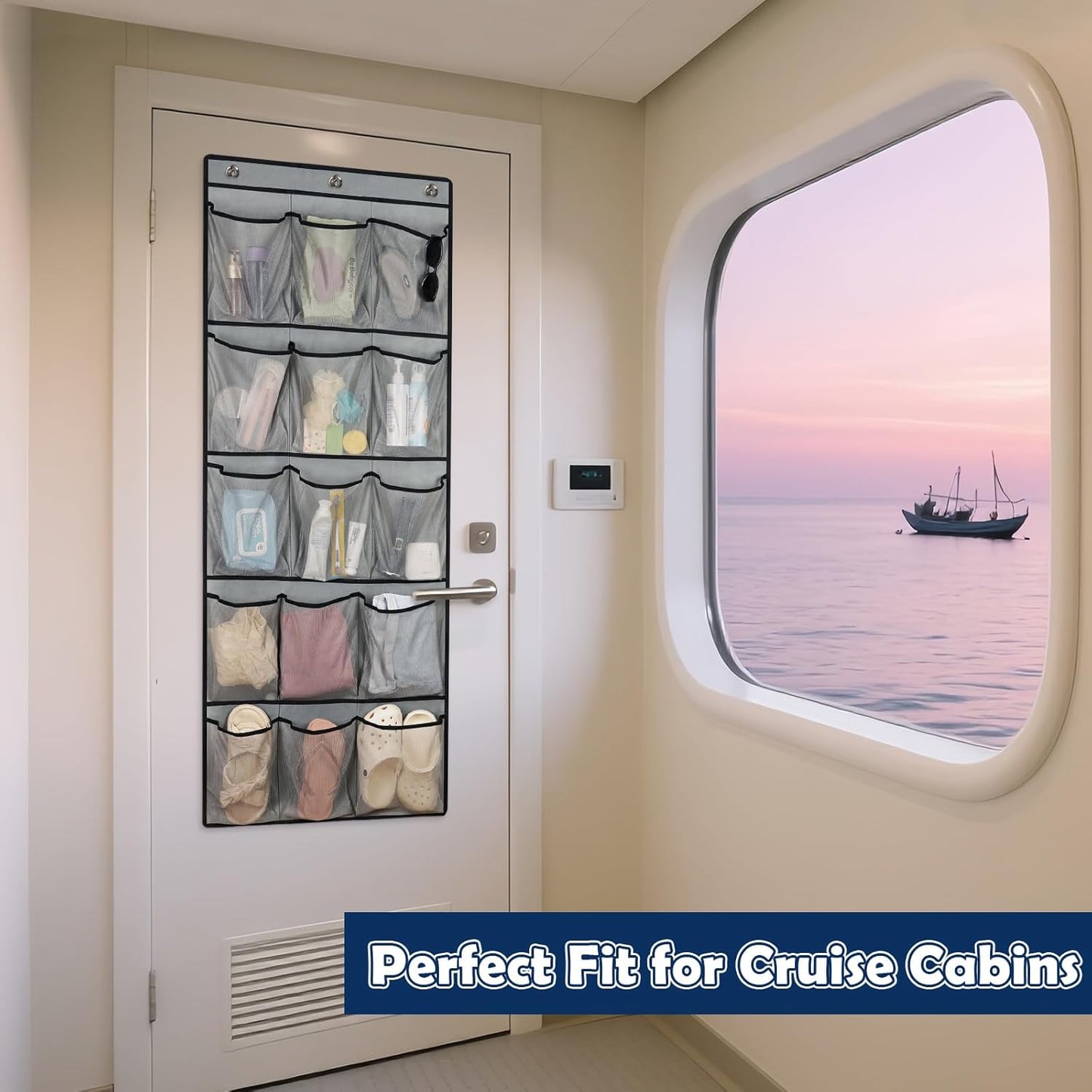 Over The Door Cruise Ship Organizer - Cruise Ship Magnetic Door Organizer with 15 Size-Graded Pockets, Hanging Magnetic Cruise Storage Shoe Rack for Cabin, 2026 Cruise Essential, 9 Hooks(White)
